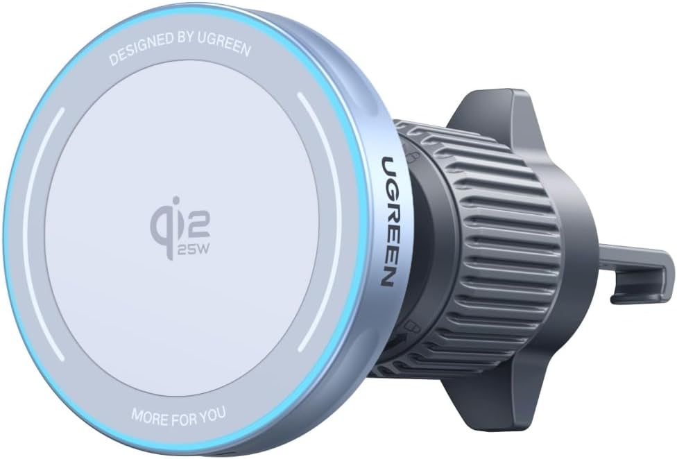 UGREEN 25W MagFlow Wireless Car Charger, MagSafe Qi2 Certified Fast Charging Cradle Mount for iPhone 17/16/15/14/13/12 Series, Air Vent Clip Secure Holder with USB-C Cable
