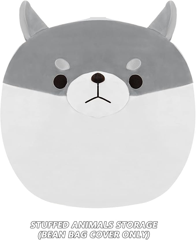 CUEBEAR Stuffed Animal Storage Bean Bag Chair Cover for Kids Grey Shiba Inu Dog Bean Bag Chair for Girls X-Large Size Toy Organizer Cover Only Without Filling