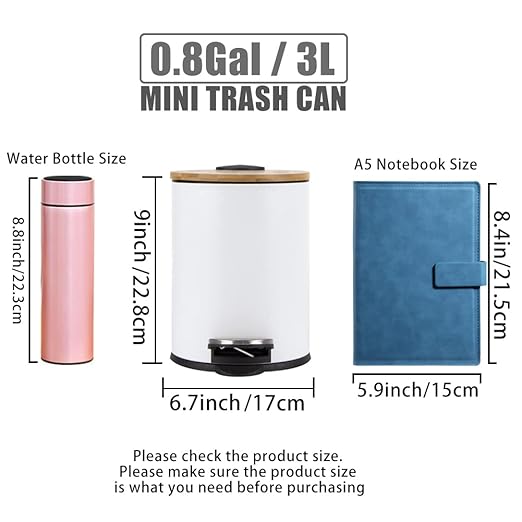 Mini Trash Can with Bamboo Lid Soft Close and Foot Pedal, 0.8Gal/3L Tiny Round Trash Can with Removable Plastic Inner Wastebasket for Bathroom, Bedroom, Powder Room, Office, Desk, Car, White