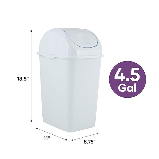 Superio Medium Trash Can with Lid 4.5 Gallon Plastic Swing Top Garbage Can Slim Waste Bin for Under Sink/Cabinet, Laundry Room, Kitchen, Office, Bedroom, Bathroom, College Dorm, 18 Qt, White
