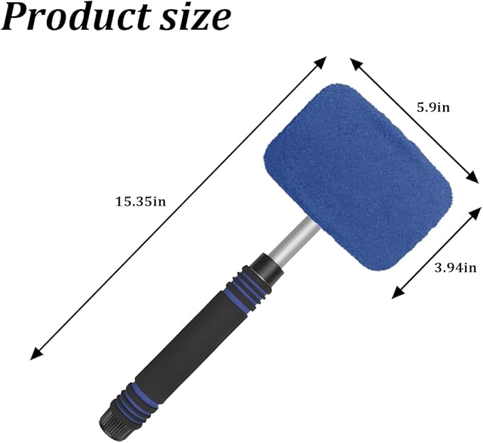 HZEL Car Windshield Cleaner Tool with Extendable Handle, Vehicle Glass Wiper Window Cleaning Tool with 2 Reusable Microfiber Pad, Auto Windscreen Detailing Cleaner Kit, Universal Fit (Square Blue)
