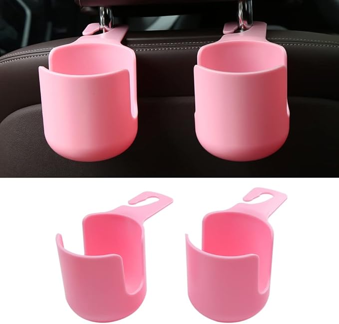 Car Seat Headrest Hook Organizer with Cup Holder - Universal Vehicle Storage Hanger for Handbags, Groceries, Backseat Organizer, Car Accessories Fit All Cars (Pink)
