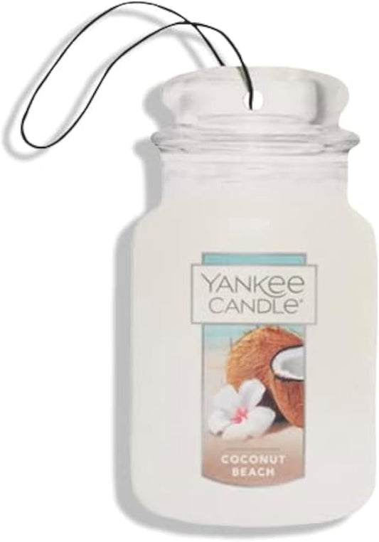 Yankee Candle Paper Car Jar Air Freshener, Hanging Car Air Freshener, Long Lasting Car Fragrance, Coconut Beach (Pack of 1)