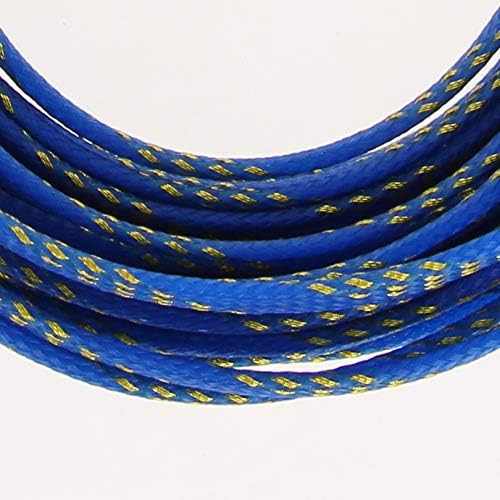 Aicosineg 32.81ft PET Flexible Braided Cable Sleeve 0.25inch Width Wire Loom Sleeving and Organizer Flexible Wire Mesh Sleeve Wrap Protector for TV Audio PC Cords from Pets Chewing Blue and Gold