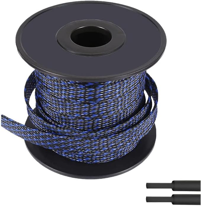 100ft-1/4inch PET Expandable Braided Sleeving Wire Loom Cable Sleeves Automotive Wire Sleeve Cable Management Wrap Wire Protector Tubing Desk Wire Organizer for Home,Office,Audio HDMI Cable,Black&Blue