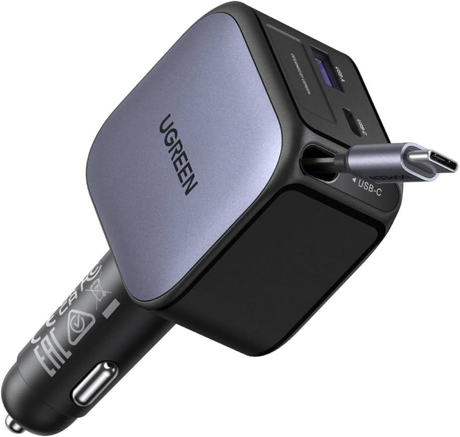 UGREEN 60W 2C1A Car Charger with Retractable Cable, 3-Port Fast Charger with 30W PD USB-C, USB-A, Cigarette Lighter Adapter for iPhone 17/16/15, Galaxy S25/S24, iPad, GPS, 12V Car Accessories
