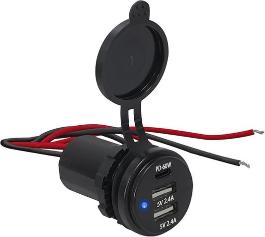 3-Port 60W PD Dual 2.4A USB 12V Charging Socket Splash Resistant for Jeep Pickup SUV Camper Van Boat