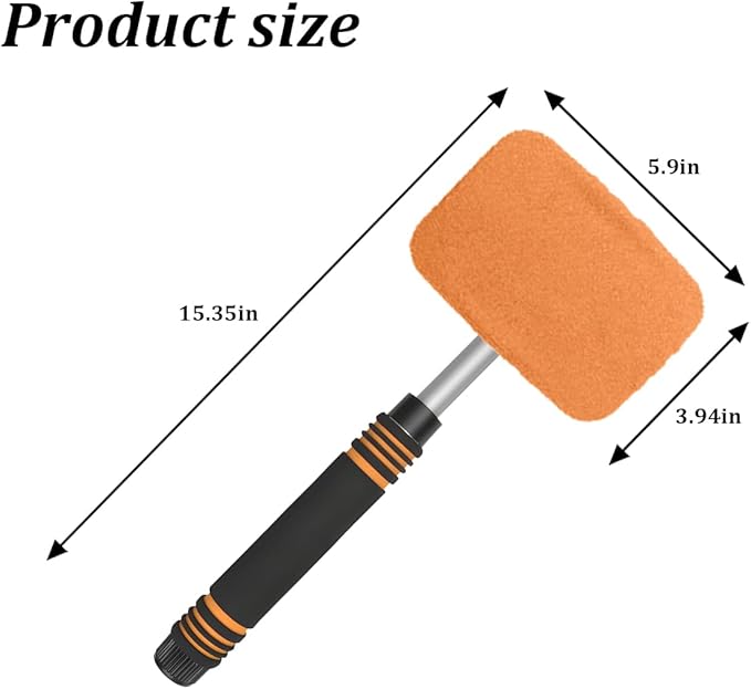 HZEL Car Windshield Cleaner Tool with Extendable Handle, Vehicle Glass Wiper Window Cleaning Tool with 2 Reusable Microfiber Pad, Auto Windscreen Detailing Cleaner Kit, Universal Fit (Square Orange)