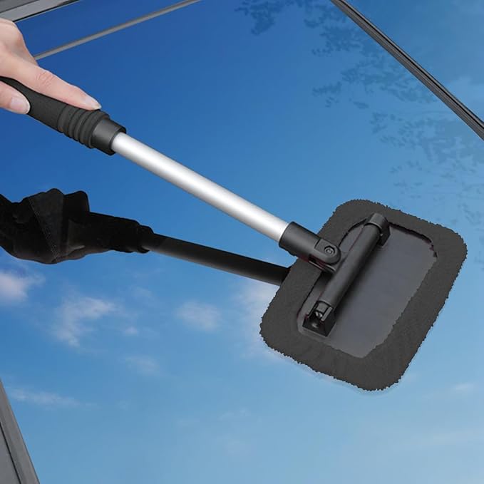 HZEL Car Windshield Cleaner Tool with Extendable Handle, Vehicle Glass Wiper Window Cleaning Tool with 2 Reusable Microfiber Pad, Auto Windscreen Detailing Cleaner Kit, Universal Fit (Square Gray)