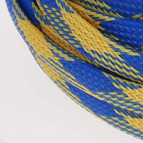 Aicosineg 32.81ft PET Flexible Braided Cable Sleeve 0.33inch Width Wire Loom Sleeving and Organizer Flexible Wire Mesh Sleeve Wrap Protector for TV Audio PC Cords from Pets Chewing Blue and Yellow