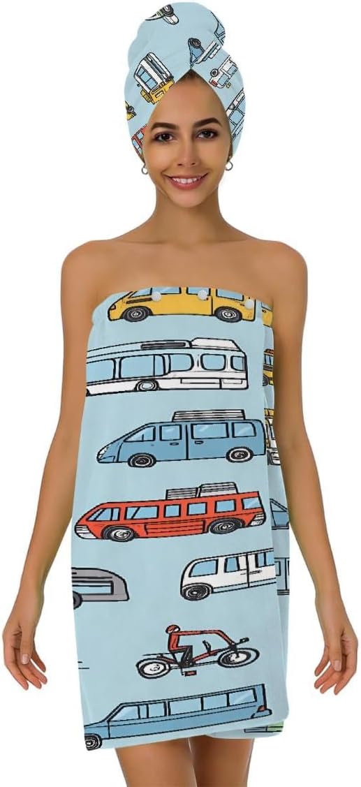 Women Bath Wrap Hair Towel Drying Cap Set Retro Cars Bus Pattern Soft Absorbent Bathrobe Shower Wraps with Adjustable Closure Spa Bath Robe