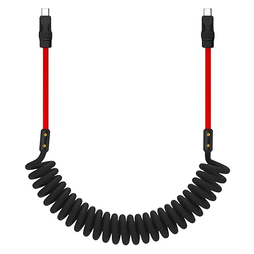 chubbycable Curly Chubby 240W Coiled USB C Cable Retractable Fast Charging Cable for Car Charger Cord Compatible with iPhone 17-15 Series, Black+Red, Type-C to Type-C, 2.29FT-3.6FT