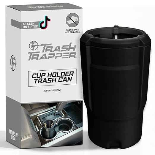 Trash Trapper Mini Car Trash Container – Frees Your Cupholder, Traps More & Empties Less with Patent-Pending Compaction, Holds Weeks of Small Trash, Portable for Car, Stroller & Travel, Black/Grey