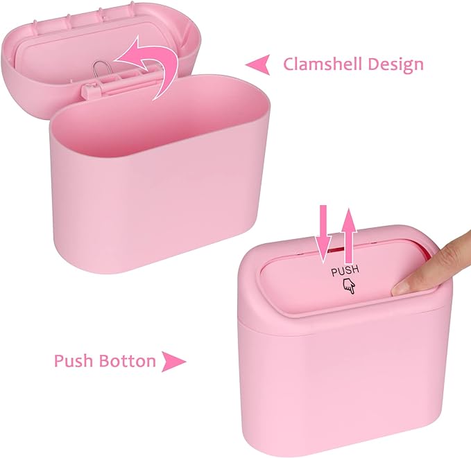 Accmor Car Trash Can with Lid, 2 Pack Pink Mini Vehicle Trash Bin Dustbin Garbage Organizer Holder with Trash Bag, Small Hanging Leakproof Auto Storage Bag Container for Car SUV Home Office