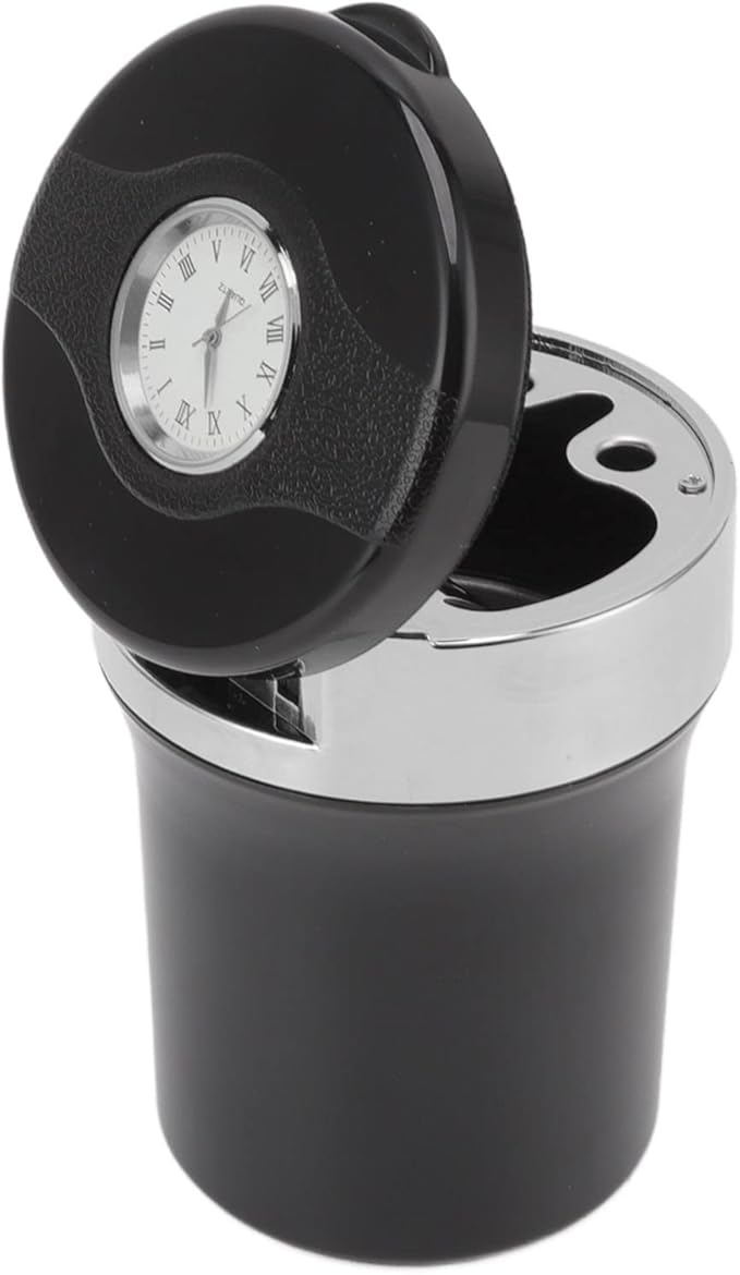 Fdit Portable Car Ashtray for Vehicles, Mini Car Trash Can with Detachable Lid, Detachable Ash Tray Stainless Steel Inside for Outdoor Travel, Home Use (Black Silver)