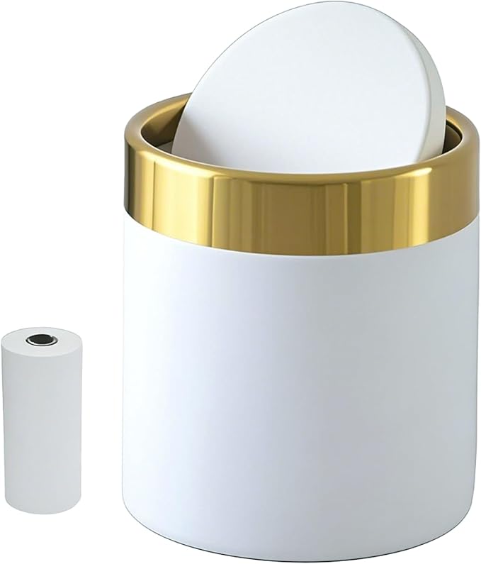 Mini Trash Can with Lid, 1.5 Liter / 0.4 Gallon Small Metal Desk Garbage Bin for Countertop, Coffee Bar, Vanity – White