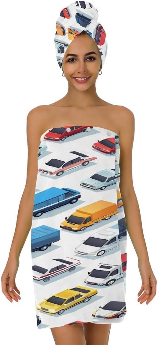 Women Bath Wrap Hair Towel Drying Cap Set Colorful Cars Trucks Pattern Soft Absorbent Bathrobe Shower Wraps with Adjustable Closure Spa Bath Robe