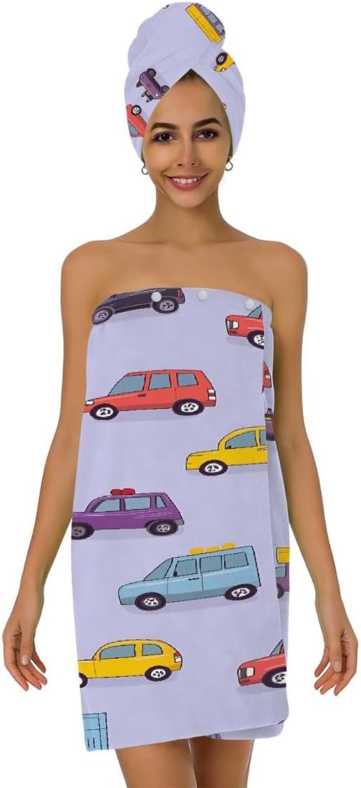 Women Bath Wrap Hair Towel Drying Cap Set Cute Cars Pattern Soft Absorbent Bathrobe Shower Wraps with Adjustable Closure Spa Bath Robe