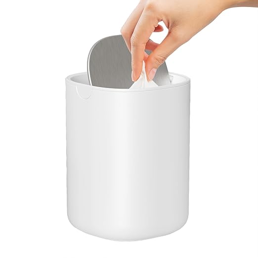 CEROELDA Mini Desk Trash Can with Swing-Top Lid, 0.4 Gallon Small Round Wastebasket, Black, for Office, Home, Car (White)