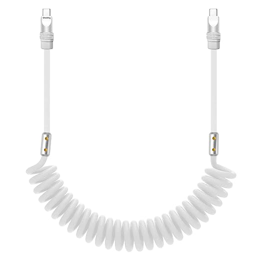 chubbycable Curly Chubby 240W Coiled USB C Cable Retractable Fast Charging Cable for Car Charger Cord Compatible with iPhone 17-15 Series, White, Type-C to Type-C, 2.29FT-3.6FT