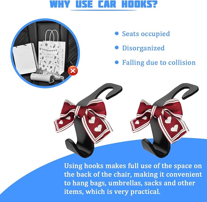2PCS Car Seat Headrest Hooks, Cute Bow Vehicle Backseat Storage Hanger for Handbag Umbrella Coat, Automotive Seat Back Hook Holder Organizer Decor, Universal for Vehicles (Red/Beige)