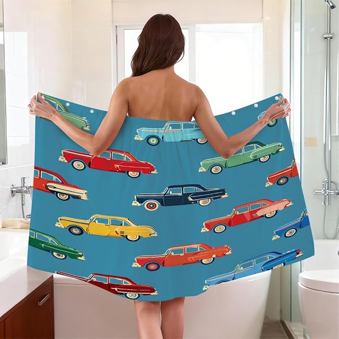 Towel Wrap for Women, Wearable Towel Dress Spa bathrobe with Adjustable Closure(Cartoon Retro Vintage Car)