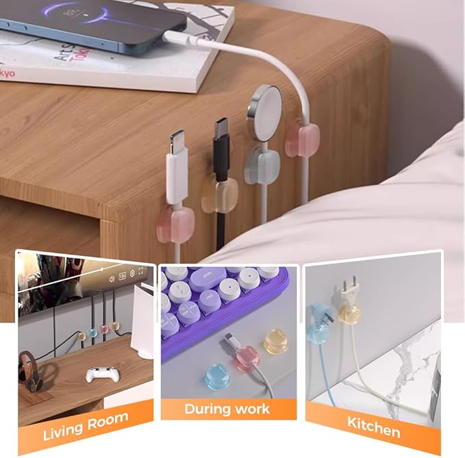 Magnetic Cable Organizer, 2026 New Cord Organizer Holder Clips Strong Adhesive Cable Cord Keeper [Smooth Adjustable] Hide Wire Cord Organizer for Nightstand Kitchen Car Office (Yellow 12PCS)