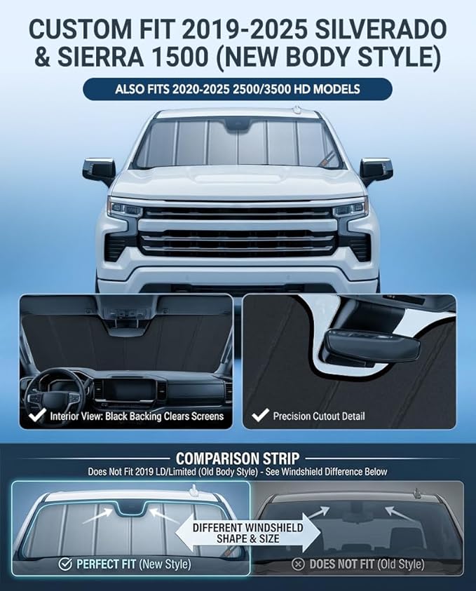 Pigenius Windshield Sun Shade Custom fits Chevy Silverado/GMC Sierra 1500 2019-2025 & 2500/3500 HD 2020-2025 New Body Style Only - Not for 2019 LD/Limited, Premium Grey Leather Finish