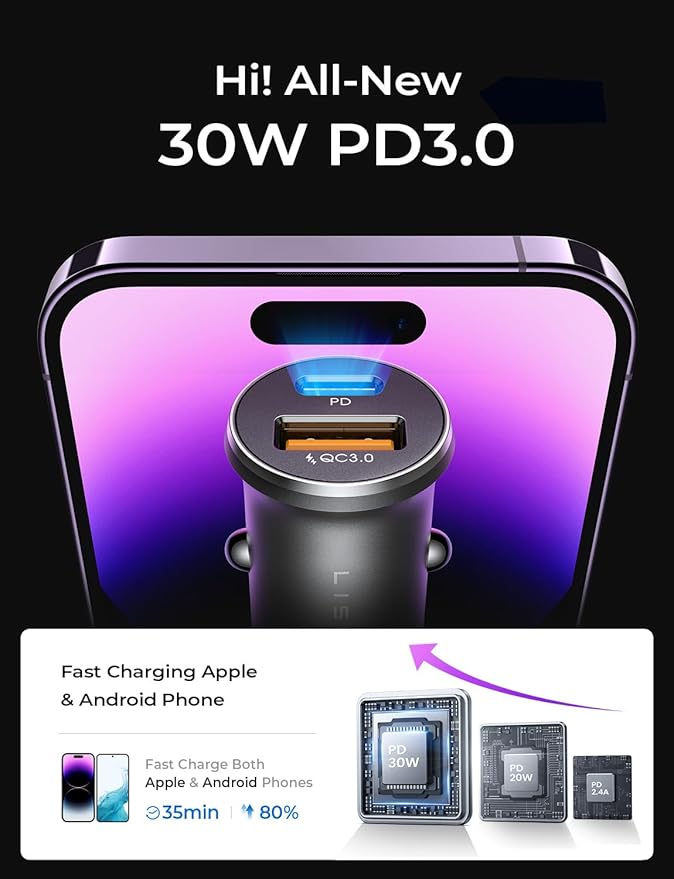 LISEN 48W USB C Car Charger Adapter [2 Pack] [Mini & Metal] Cigarette Lighter USB Charger Fast Charging [PD QC 3.0] USBC Car Phone Charger for iPhone 15 Pro Max Plus 14 Samsung Galaxy iPad Silver
