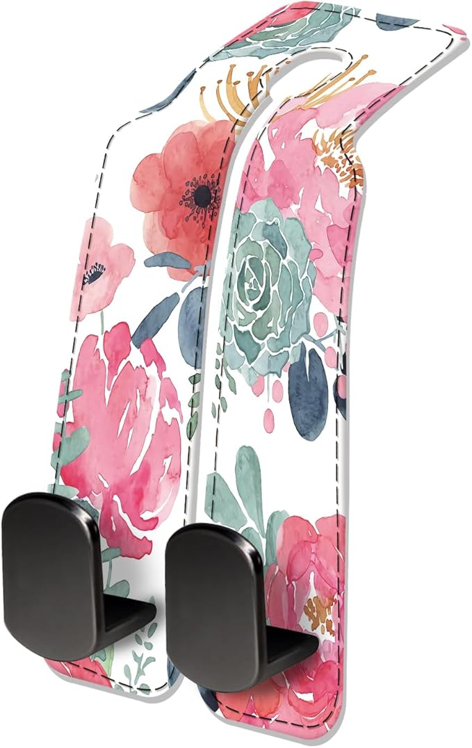 Car Seat Headrest Hook, Universal Leather Cute Hanger Holder Hook, Storage Organizer Interior Accessories for Purse Bags Handbag Cute Pink Flowers