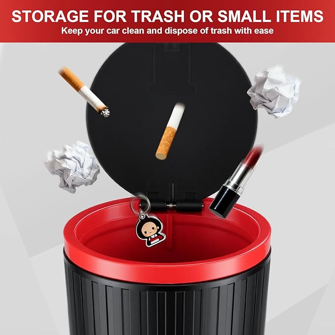 SINGARO 2PCS Car Trash Can with Lid, Leakproof Mini Garbage Bin for Car Cup Holder, Small Trash Can for Vehicle, Home & Office - Includes 60 Bags, Easy Clean (Black-Red)