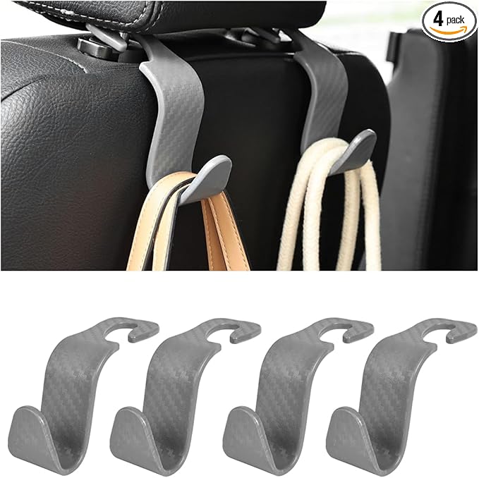 Car Seat Headrest Hooks, 4PCS Carbon Fiber Vehicle Back Seat Storage Hanger Holder for Hangbag Coat Grocery, Automotive Interior Headrest Hook Organizer, Universal for Vehicles (Gray)
