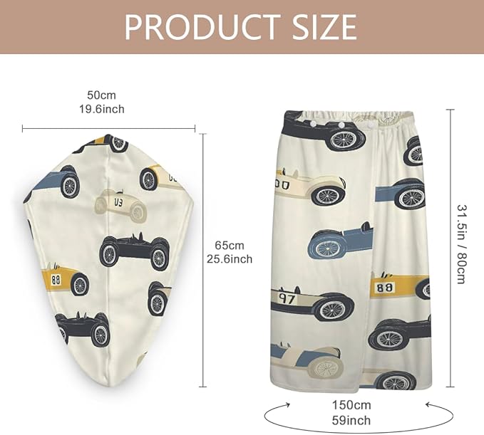 Women Bath Wrap Hair Towel Drying Cap Set Vintage Race Cars Print Soft Absorbent Bathrobe Shower Wraps with Adjustable Closure Spa Bath Robe
