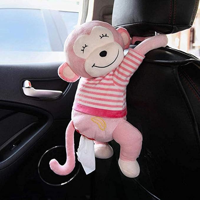 Elephant Tissue Box Cover Plush Tissue Box Holder for Car, Home, Decorative Holder/Organizer for Bathroom Vanity Countertop, Nightstands, Office Desk-Pink Monkey