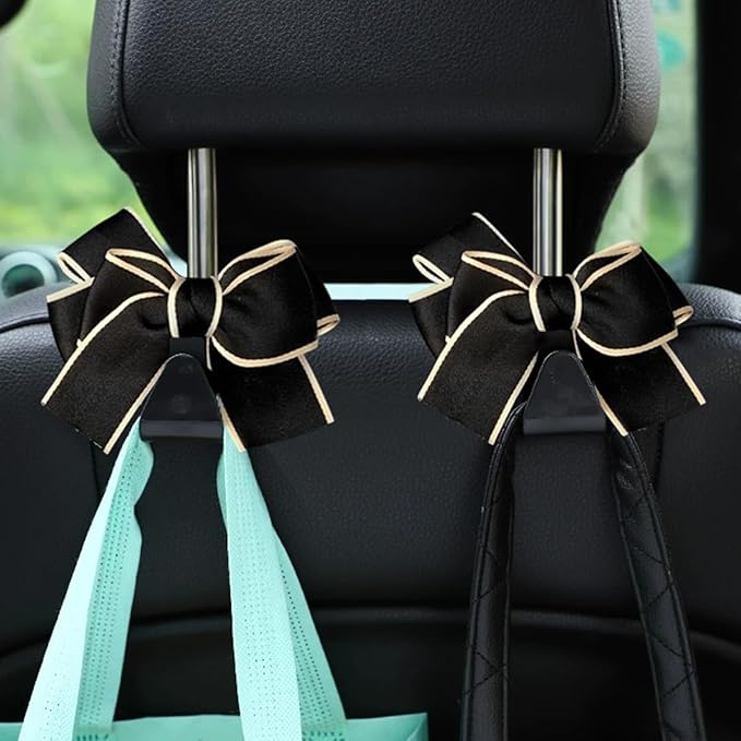 Mandark 2PCS Car Seat Headrest Hooks, Cute Bow Vehicle Hooks for Purses and Bags, Automotive Purse Hook Hanger Interior Decoration Accessories, Universal for SUV, Sedan, Truck (White Line)
