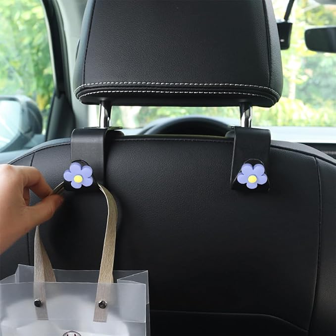 4 PCS Car Headrest Hook, Multifunctional Flower Vehicle Seat Back Storage Hook, Cute Automotive Seatback Organizer Hanger for Purse Grocery Bag Handbag, Universal Fit (Black/Blue)
