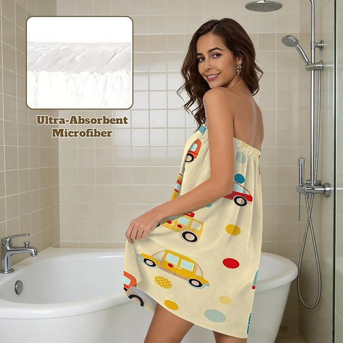 Women's Bath Wrap Colored Cars Bus Polka Dot Absorbent Shower Spa Body Bath Robe Wraps Bathrobe Towel with Adjustable Closure