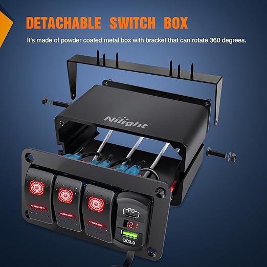 Nilight 3 Gang Rocker Switch Box 12V SPST ON Off Toggle Switches PD Type C and QC 3.0 USB Charger Voltmeter LED Light Waterproof Aluminum Mount Bracket Panel DIY Stickers for Boat Car RV Truck