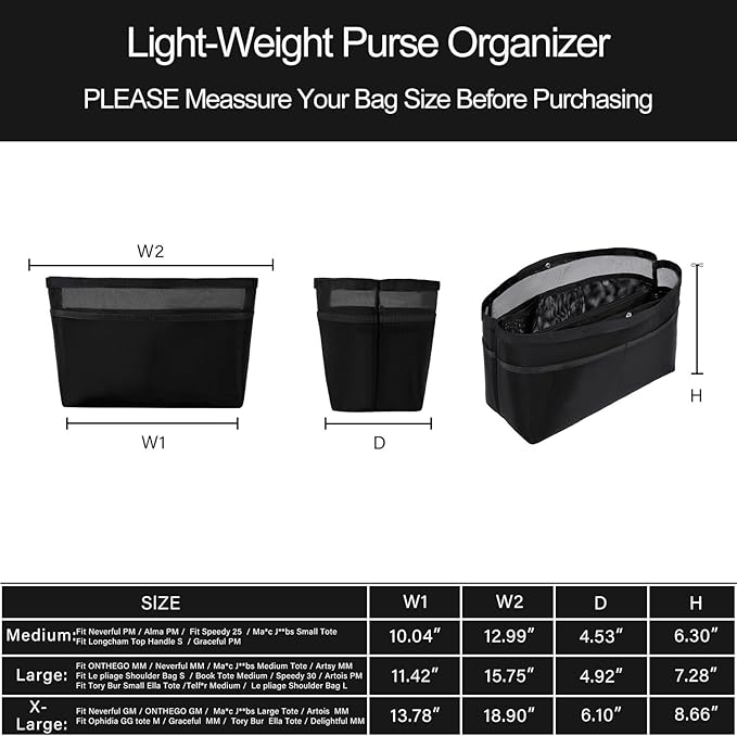 ZTUJO Purse Organizer Insert For Handbags,Mesh Bag Organizer Insert With Zipper Bag Tote Shaper Fit Speedy Neverful PM MM le Pliage,Light Weight (Black, Large)