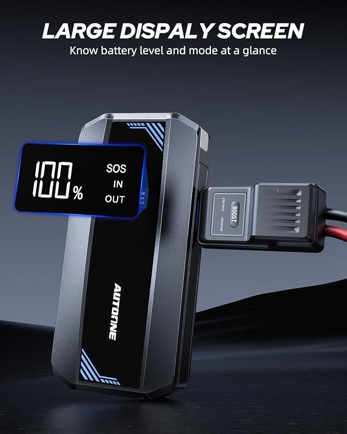 AUTOONE Car Jump Starter 6000A Battery Booster, Portable Battery Pack for All Gas 10L Diesel, 12V Jump Box with Smart Jumper Cable for Car Battery, Vehicle Lithium Starter, LCD Display, w/LED Light