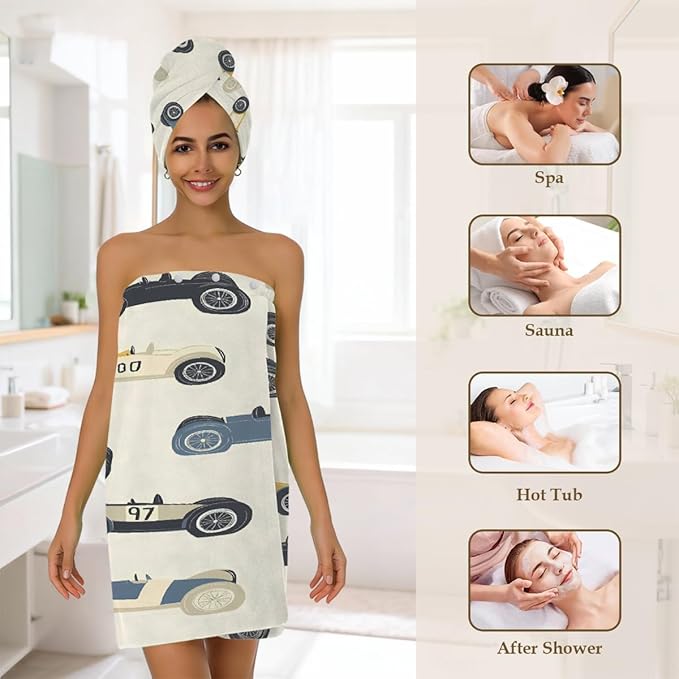 Women Bath Wrap Hair Towel Drying Cap Set Vintage Race Cars Print Soft Absorbent Bathrobe Shower Wraps with Adjustable Closure Spa Bath Robe