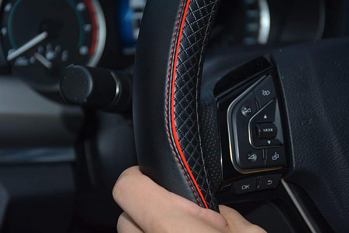 Microfiber Leather Car Steering Wheel Cover, Soft Padding, Durable, No Smell, Universal 15 Inch Steering Cover, Anti-Slip Embossing Pattern A, Black with Red Line