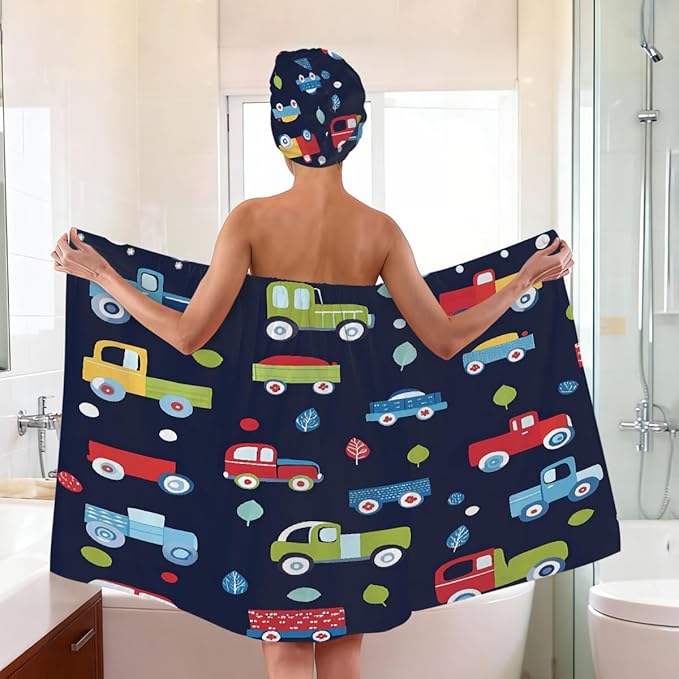 Women Bath Wrap Hair Towel Drying Cap Set Cartoon Trucks Cars Print Soft Absorbent Bathrobe Shower Wraps with Adjustable Closure Spa Bath Robe