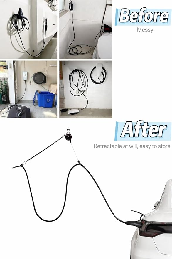EV Charger Retractable Cord Reel, Overhead EV Charging Cable Organizer for Garage, 6.6 ft Reach, Ceiling or Wall Mount, Compatible with Tesla NACS & Most J1772 Cables