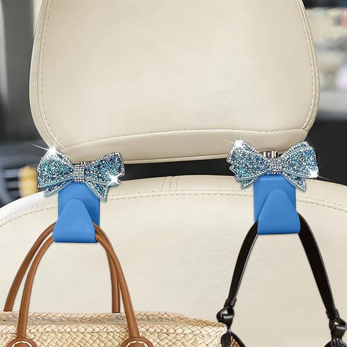 Zpana Bling Car Headreat Hook, 2PCS Crystal Rhinestone Cute Bow Vehicle Seat Back Hanger Storage for Purses Bags Grocery, Diamond Auto Rear Seat Organizer, Universal for SUV Truck Sedan (Light Blue)