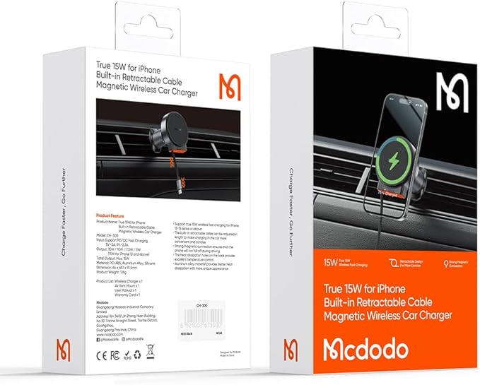 mcdodo 15W MagSafe Car Mount Charger [Built-in Type-C Retractable Cable] Magnetic Wireless Car Charger for Air Vent, Fits iPhone 16 15 Pro ProMax Plus, Galaxy and More