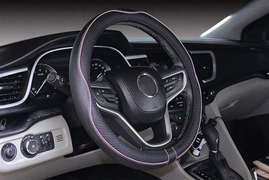 Mayco Bell Universal Standard Size Steering Wheel Cover Anti-Slip,Safety,Soft,Breathable,Durable,Full Surround,Comfortable Grip Microfiber Leather (14.5-15 inch,Black Pink)
