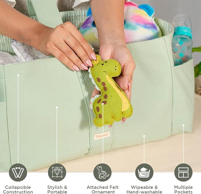 Folkulture Baby Diaper Caddy | Cotton Diaper Bag for Kids - Stylish Comfort Spacious Travel Essential Cart | Nursery Storage Bin and Car Organizer for Diapers, Wipes - (Sage Green - 15")