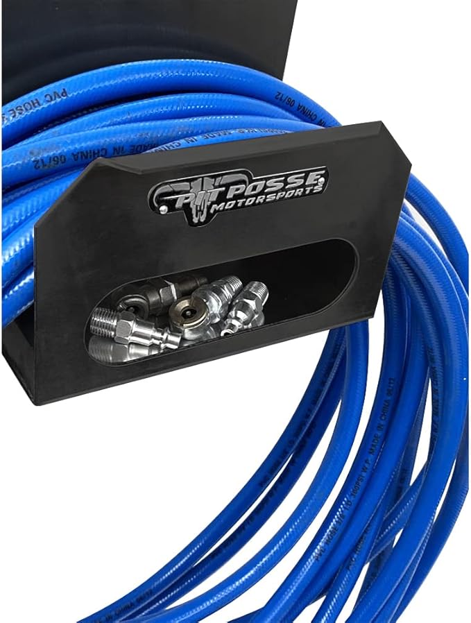Pit Posse PP3188BK Air Hose Hanger Storage Organizer - Made in USA - Enclosed Trailer Shop Garage Automotive Accessories - Aluminum Cord Cable Hose Holder - Rust Resistant - Powder Coated Black