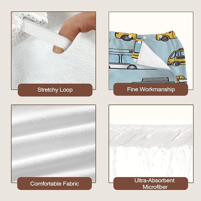 Women Bath Wrap Hair Towel Drying Cap Set Retro Cars Bus Pattern Soft Absorbent Bathrobe Shower Wraps with Adjustable Closure Spa Bath Robe